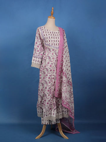 White and Purple Paisley Floral Printed Cotton Salwar Suit Set - Diadem