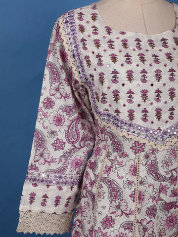 White and Purple Paisley Floral Printed Cotton Salwar Suit Set - Diadem