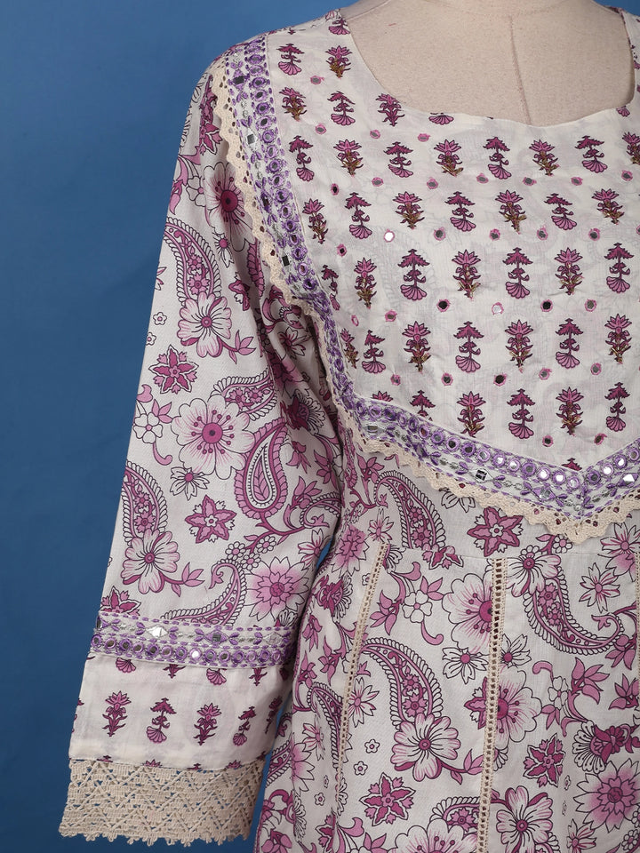 White and Purple Paisley Floral Printed Cotton Salwar Suit Set - Diadem
