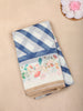 White and Blue Checked Printed Design Linen Cotton Saree with Floral Border