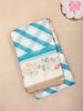 White and Blue Checked Printed Design Linen Cotton Saree with Floral Border