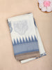 White and Blue Elephant Printed Design Linen Cotton Saree with Contrast Woven Border