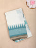 White and Blue Elephant Printed Design Linen Cotton Saree with Contrast Woven Border