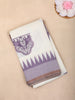 White and Purple Elephant Printed Design Linen Cotton Saree with Contrast Woven Border