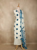 White and Teal Blue Geometric Printed Design Cotton Straight Salwar Suit with Dupatta