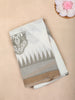 White and beige Elephant Printed Design Linen Cotton Saree with Contrast Woven Border