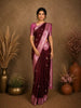 Wine Birds Woven Raw Silk Saree with Contrast Pink Zari Border