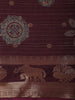 Wine Burgundy Geometric Woven Design Semi Silk Saree with Animal Motif  Border