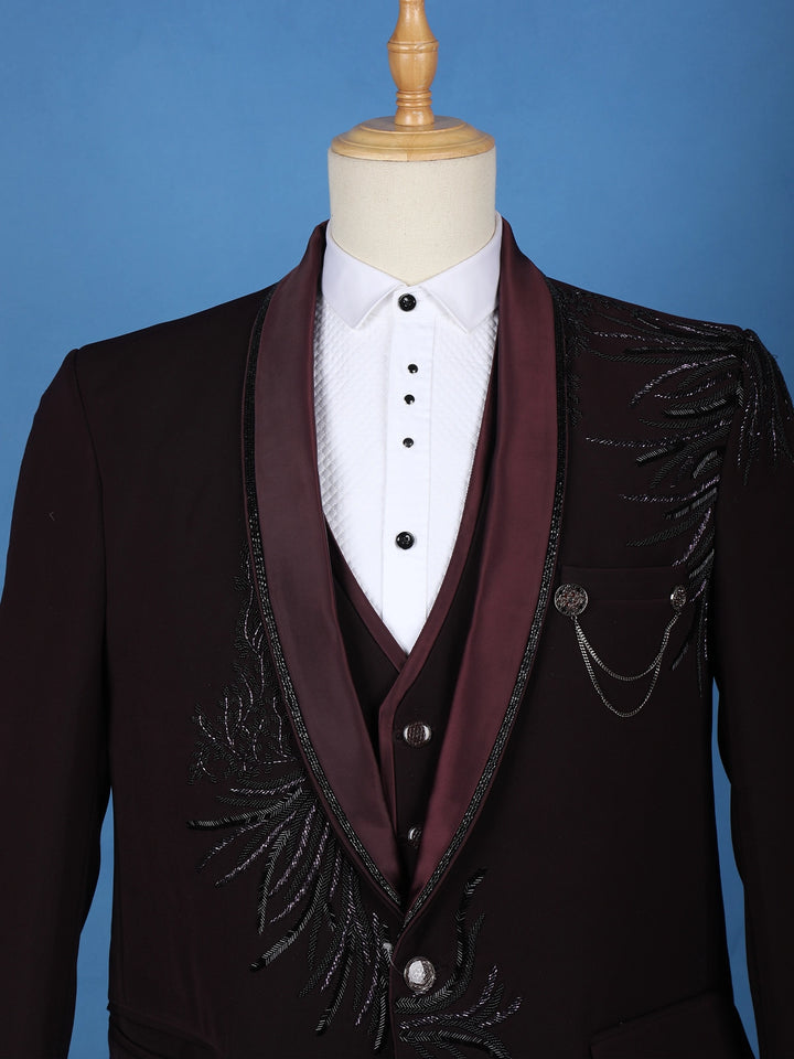 Wine Embellished Satin Men's Suit with Leaf Sequin Work - Diadem