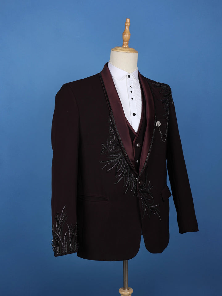 Wine Embellished Satin Men's Suit with Leaf Sequin Work - Diadem