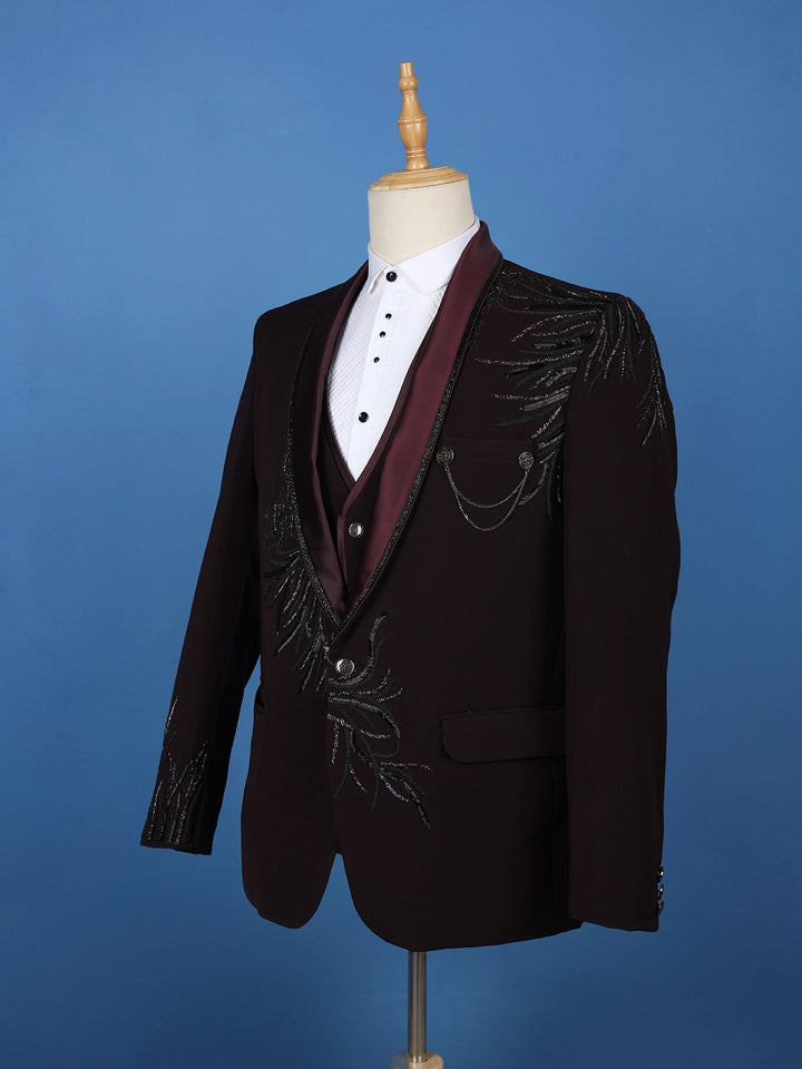 Wine Embellished Satin Men's Suit with Leaf Sequin Work - Diadem