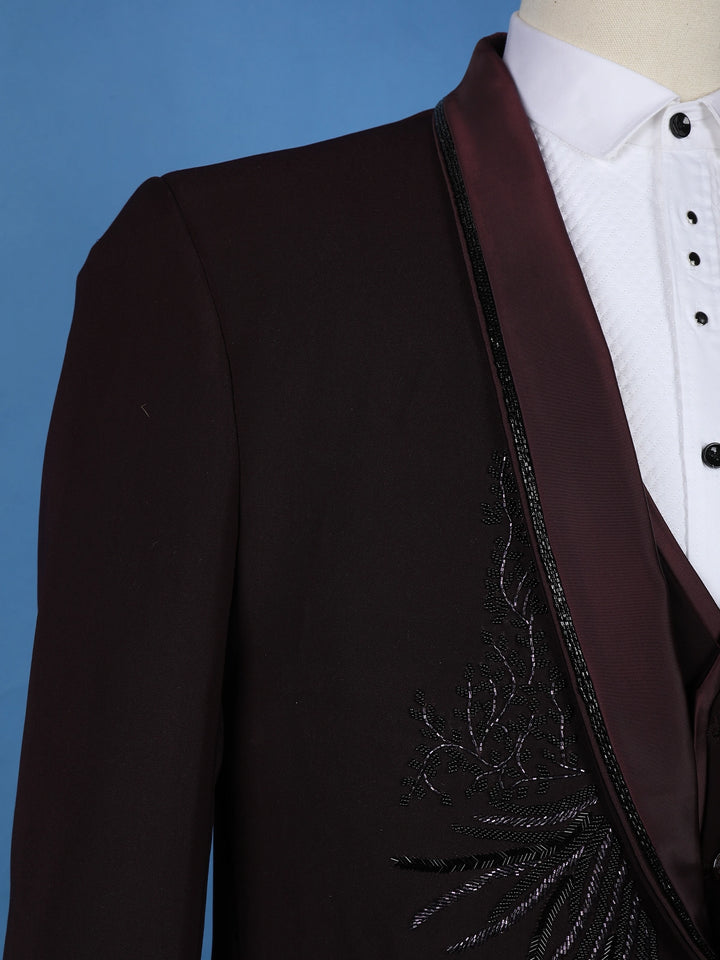 Wine Embellished Satin Men's Suit with Leaf Sequin Work - Diadem