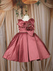 Wine Floral Design Satin Party Frock With Oversized Floral Appliqué
