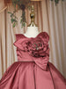 Wine Floral Design Satin Party Frock With Oversized Floral Appliqué