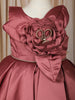 Wine Floral Design Satin Party Frock With Oversized Floral Appliqué