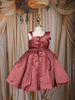 Wine Floral Design Satin Party Frock With Oversized Floral Appliqué