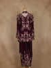 Wine Floral Embroidered Crepe Silk Skirt Top