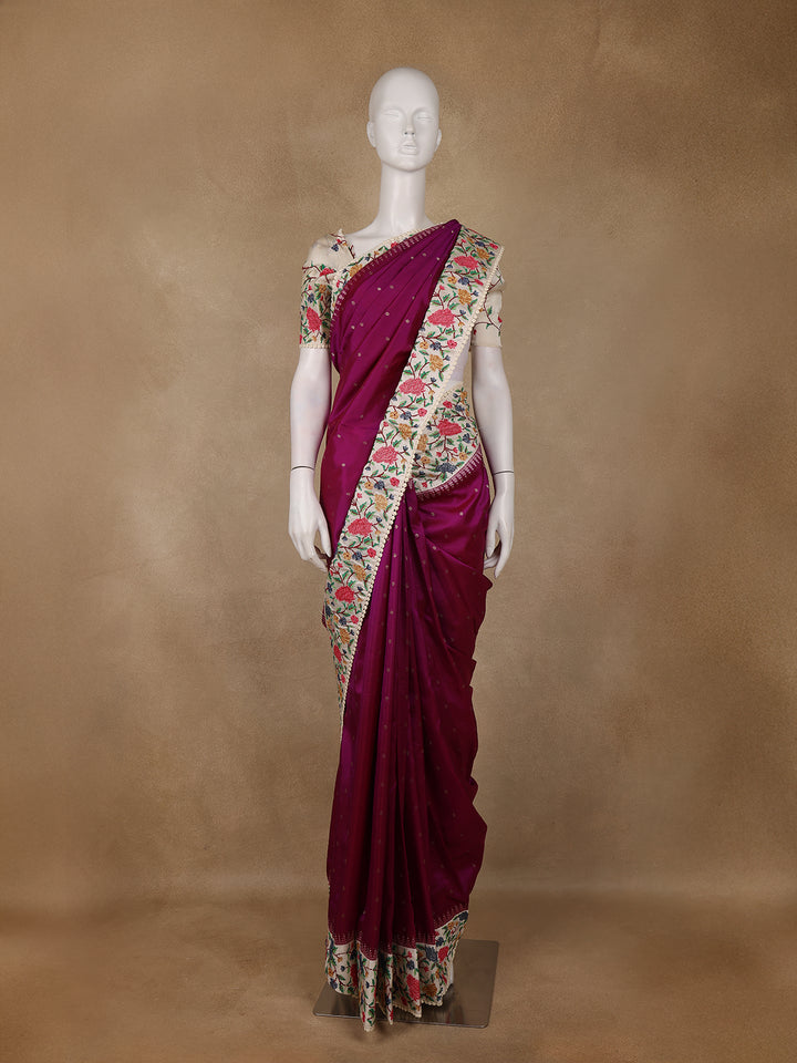 Wine Floral Embroidered Tussar Silk Saree - Diadem