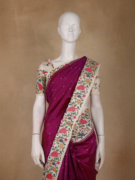 Wine Floral Embroidered Tussar Silk Saree - Diadem