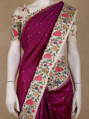 Wine Floral Embroidered Tussar Silk Saree - Diadem