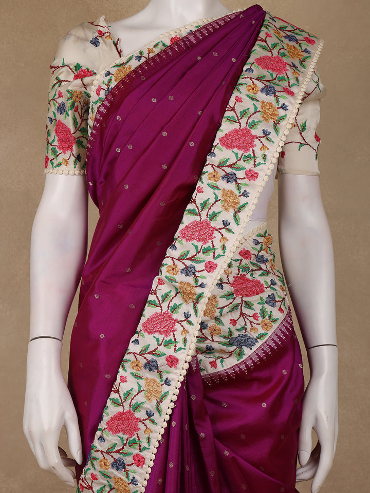 Wine Floral Embroidered Tussar Silk Saree - Diadem