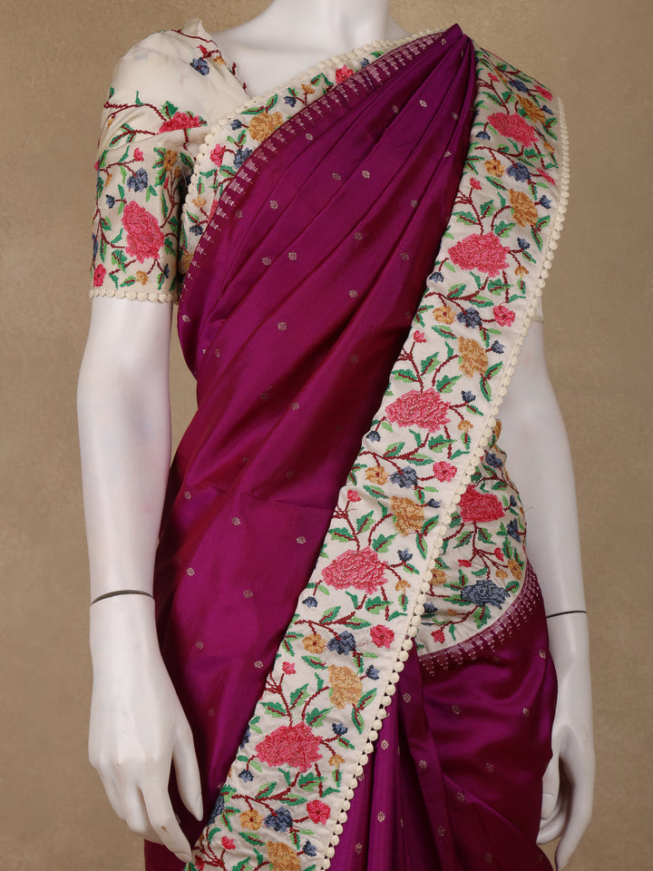 Wine Floral Embroidered Tussar Silk Saree - Diadem