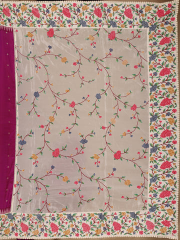 Wine Floral Embroidered Tussar Silk Saree - Diadem