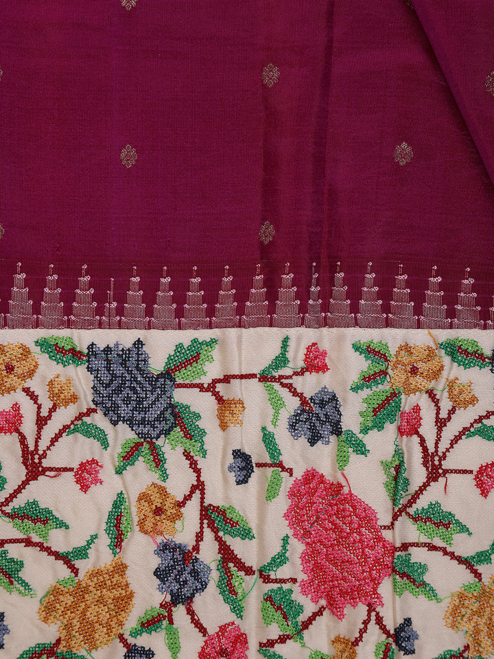 Wine Floral Embroidered Tussar Silk Saree - Diadem