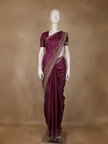 Wine Floral Embroidered Tussar Silk Saree - Diadem