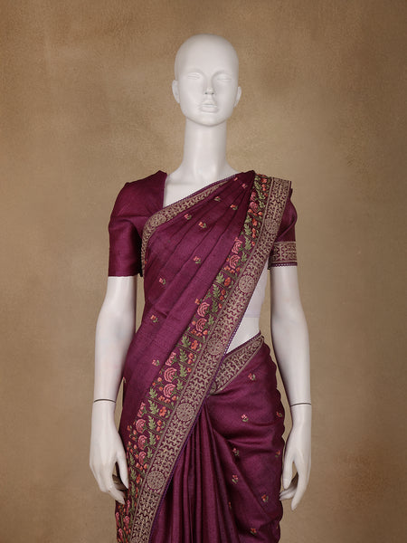 Wine Floral Embroidered Tussar Silk Saree - Diadem
