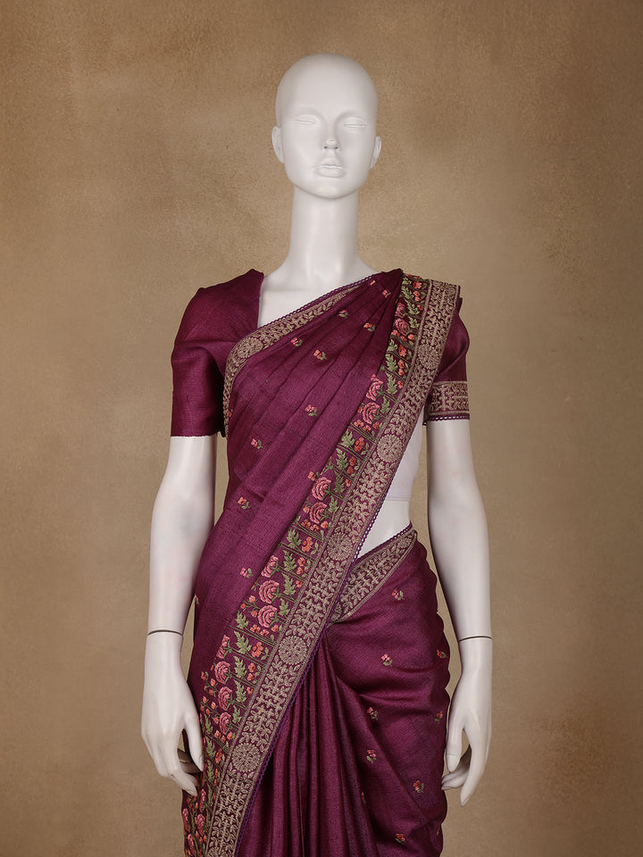 Wine Floral Embroidered Tussar Silk Saree - Diadem