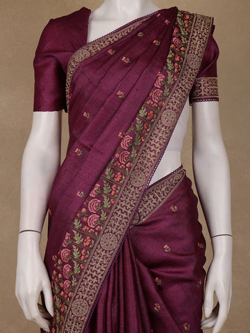 Wine Floral Embroidered Tussar Silk Saree - Diadem