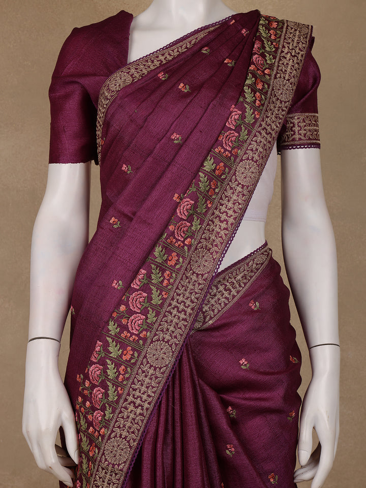 Wine Floral Embroidered Tussar Silk Saree - Diadem
