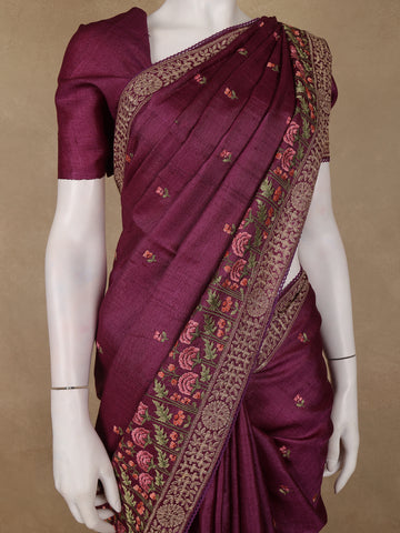 Wine Floral Embroidered Tussar Silk Saree - Diadem