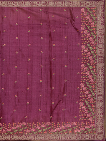 Wine Floral Embroidered Tussar Silk Saree - Diadem
