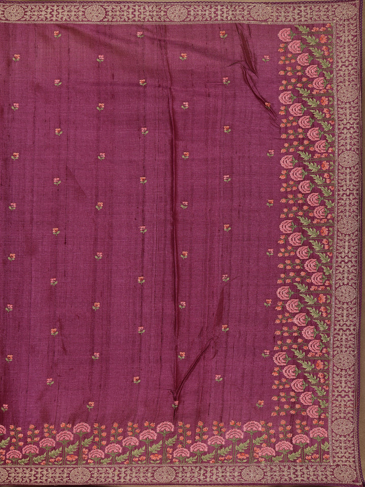 Wine Floral Embroidered Tussar Silk Saree - Diadem