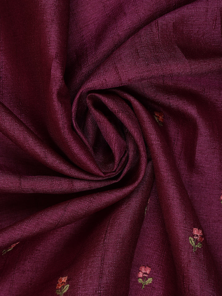 Wine Floral Embroidered Tussar Silk Saree - Diadem
