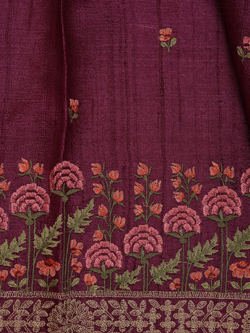 Wine Floral Embroidered Tussar Silk Saree - Diadem