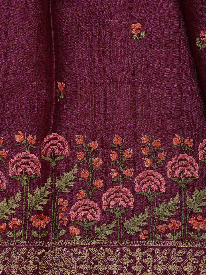 Wine Floral Embroidered Tussar Silk Saree - Diadem