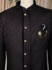 Wine Geometric Textured Embroidered Indo-Western Polyester Sherwani for Men