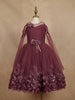 Wine Glitter Net Kids Party Wear Gown With 3D Floral Embellishments