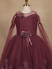 Wine Glitter Net Kids Party Wear Gown With 3D Floral Embellishments