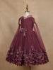Wine Glitter Net Kids Party Wear Gown With 3D Floral Embellishments