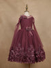 Wine Glitter Net Kids Party Wear Gown With 3D Floral Embellishments