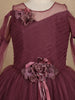 Wine Glitter Net Kids Party Wear Gown With 3D Floral Embellishments
