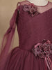 Wine Glitter Net Kids Party Wear Gown With 3D Floral Embellishments
