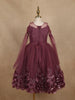 Wine Glitter Net Kids Party Wear Gown With 3D Floral Embellishments