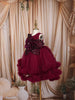 Wine Magenta 3D Floral Appliqué Sequins Embroidered Design Ruffled Layered Net Party Wear Frock