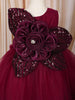 Wine Magenta 3D Floral Appliqué Sequins Embroidered Design Ruffled Layered Net Party Wear Frock