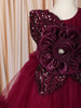 Wine Magenta 3D Floral Appliqué Sequins Embroidered Design Ruffled Layered Net Party Wear Frock